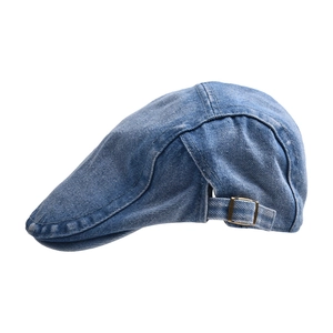 Detail view of denim ivy cap with side adjustable copper buckle and twill texture