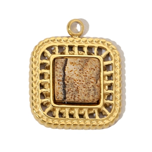 Detailed view of square gold sun pendant featuring textured brown natural stone