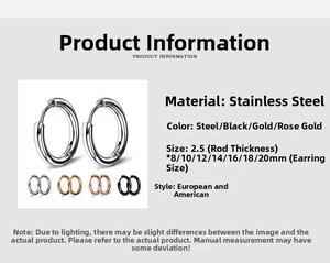 Detailed size chart for 2.5mm thick stainless steel hoop earrings in four colors