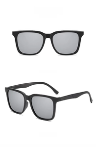 Front and side views of black square frame sunglasses with silver mirror lenses