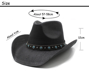 Detailed size chart for straw cowboy hat with turquoise beads and silver studs
