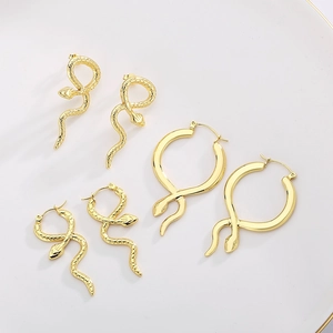 Vintage Snake Shaped Stainless Steel Earrings For Women Gold Tone Animal Style Hoop And Stud Textured Jewelry