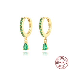 Luxury S925 sterling silver drop earrings with green emerald zircon in 18k gold plating