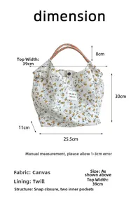 Detailed size chart for beige floral canvas tote bag with dimensions and interior details