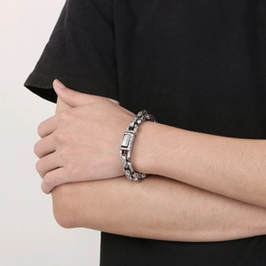 Hip hop stainless steel men's bracelet in antique silver finish with hammered texture