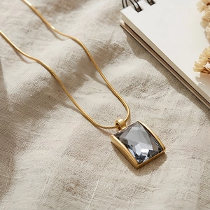 Chic 18K gold plated snake chain necklace with a gray square glass pendant for women