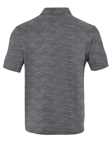 Detail view of the back of a charcoal grey men's polo shirt with geometric jacquard texture