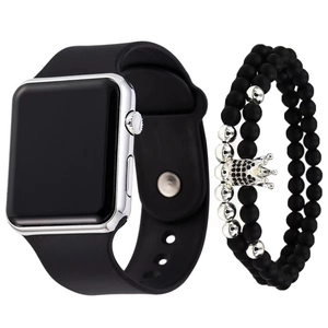 Men's fashion LED silicone electronic watch and beaded bracelet set with silver crown