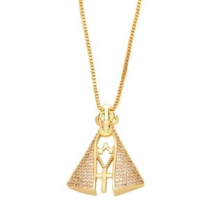 Religious necklace with gold pendant of Virgin Aparecida decorated with clear zircons