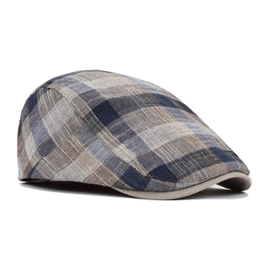 Classic plaid cotton linen flat cap with breathable texture for spring and summer style