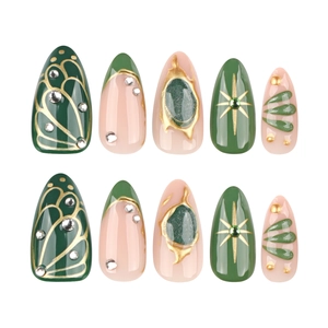 3D luxury almond press-on nails in deep green and nude pink with rhinestones
