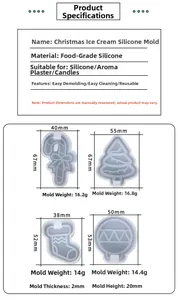Detailed dimensions for Christmas silicone molds including tree, sock and candy cane shapes