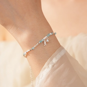 Detail of silver beaded bracelet with blue crystals, pearls and small charms on wrist