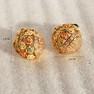 Artistic enamel floral stud earrings with cubic zirconia in gold-tone setting