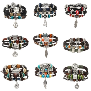 Handmade Retro Multilayer Cowhide Alloy Braided Bracelet Vintage Tree Of Life Anchor Heart Butterfly Multi Layer Jewelry