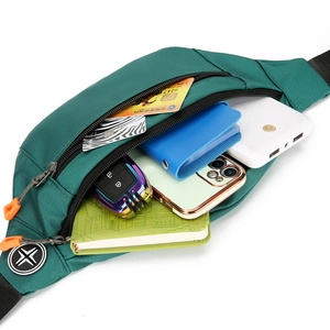 Large teal Oxford cloth waist bag with multi-layer storage for phones and power banks