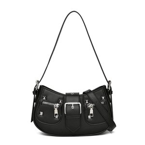 Black PU leather half-moon crossbody bag with silver studs and decorative buckles