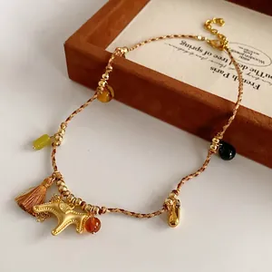 Vintage Maillard Style Braided Rope Necklace With Alloy Horse Pendant Colorful Glass Beads And Tassel For Women