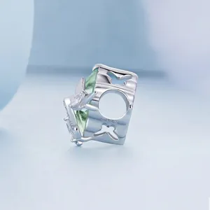 S925 sterling silver butterfly charm with heart-shaped mint green crystal for DIY bracelets