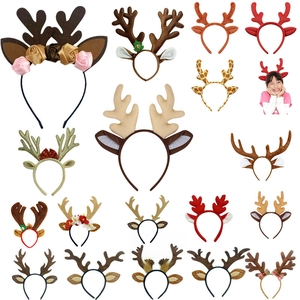 Collage of plush reindeer antler headbands in various colors with floral and bell details