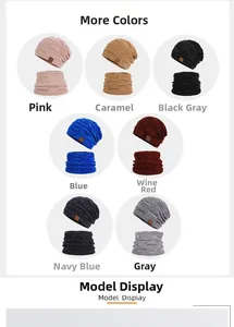 Detailansicht der Winter-Strickmützen und Schal-Sets in sieben verschiedenen Farben