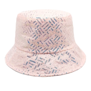 Macro detail of pink sequin bucket hat with reflective FF monogram pattern and stitching