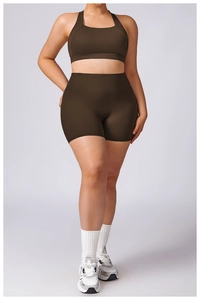 Women's dark brown high-waisted gym set with sports bra and tight cycling shorts