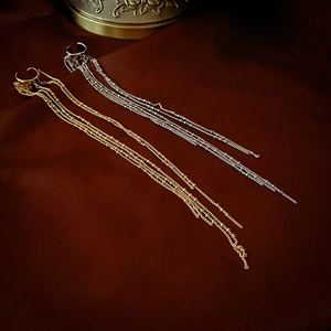 Elegant long chain tassel C-shape ear bone clip in gold and silver finish for women