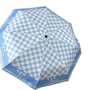 Blue checkered sun umbrella with UV protection and Live a good life text print