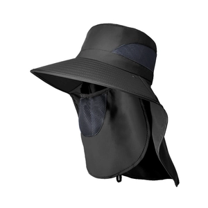 Outdoor wide brim sun hat with neck flap and face mask in black for complete UV protection