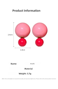 Detail view of pink and red double bead earrings with size and weight measurements