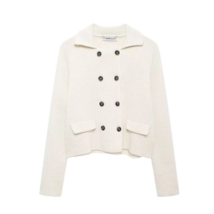 Cardigan En Maille Pour Femme Col À Revers Double Boutonnage Manches Longues Poches Élégant Blanc Uni