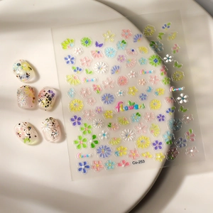 3D embossed daisy flower nail art stickers in macaron colors with 5 nail samples
