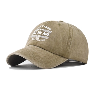 Macro detail of washed cotton fabric and embroidered slogan on vintage baseball cap