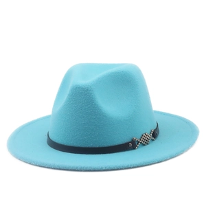 Wide Brim Fedora Hat Wool Felt Jazz Cap With Leather Band Metal Buckle Vintage Style For Men Women