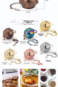 Detail view of mini teapot-shaped tea infusers in six colors with chains and hooks