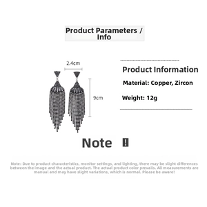 Detail specifications of black tassel earrings with zircon dimensions and 12g weight
