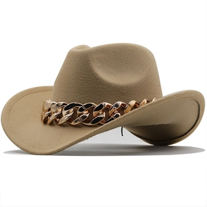 Detailed view of khaki wool felt jazz hat with a chunky gold metal chain embellishment
