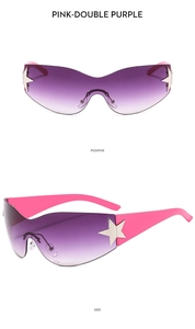 Detail view of pink Y2K sunglasses with purple gradient lenses and silver star accents