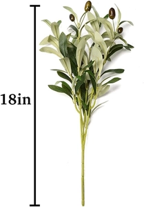 Detail view of 18-inch artificial olive branch with realistic green leaves and dark berries