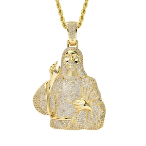 Collier hip hop plaqué or 18 carats avec pendentif Jésus, pierres zircon et chaîne torsadée