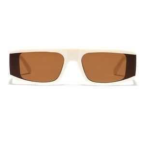 Futuristic white rectangle frame sunglasses with amber lenses on white background