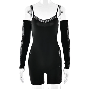 Sexy black slim fit bodysuit with deep V-neck lace trim and matching lace long sleeves