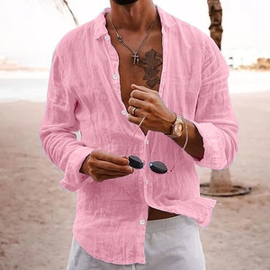 Men's pink linen casual long sleeve shirt with turndown collar for beach vacations
