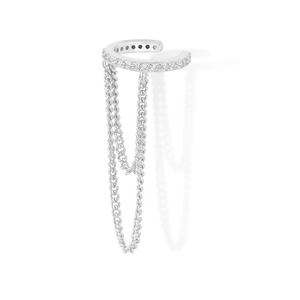Detail of silver ear cuff earring with sparkling clear stones and hanging metal chains