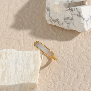 Minimalist 18K gold plated stainless steel ring with rectangular white mother of pearl inlay