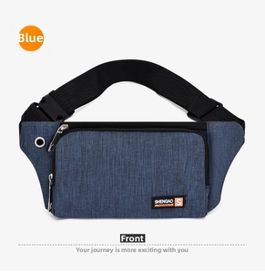 Detail of blue oxford fabric running bag with earphone port and smooth zippers