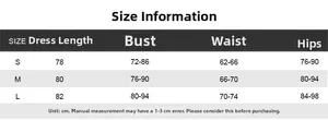 Detailed size chart for bodycon deep V-neck halter dress with S, M, L measurements in cm