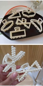 Detail showing various elegant pearl hair claws with golden alloy bases in multiple shapes