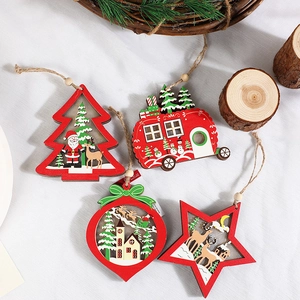 Christmas Wooden Hanging Ornaments LED Light Up Luminous Pendant For Xmas Tree Holiday Home Decoration Red Star Car